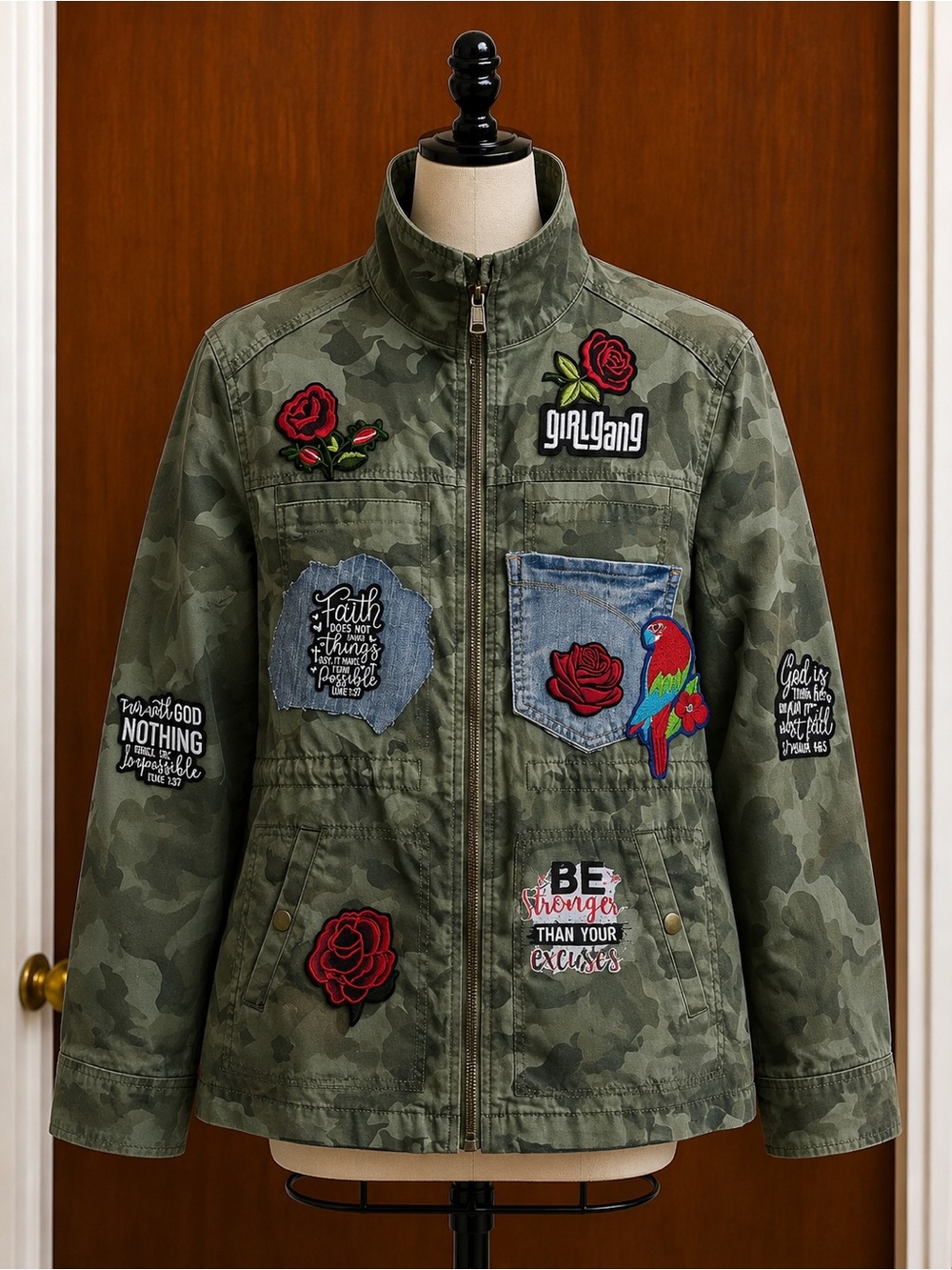 Camo Utility Jacket with Floral & Parrot Patches